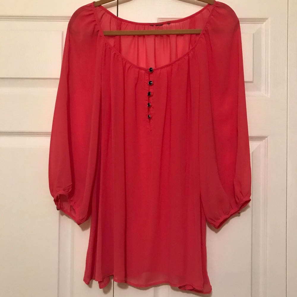 Hot Pink Sheer Flowy Blouse with Black Buttons